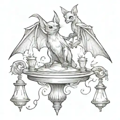 a bat that holds on to a candlestick with its front and back paws tattoo design idea
