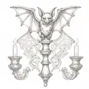 a bat that holds on to a candlestick with its front and back paws tattoo design idea