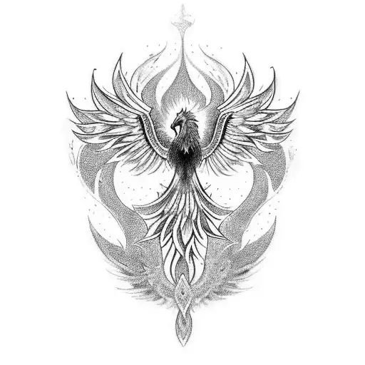 An awe-inspiring blackwork design showcasing a majestic phoenix rising from the ashes, embodying the themes of rebirth, resilience, and the power of faith. tattoo design idea