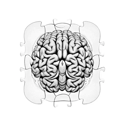 Puzzle of Consciousness: An abstract puzzle piece composition forming a human brain, alluding to the mysterious nature o tattoo design idea