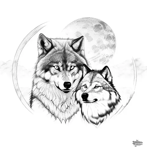 man and wolf on mountain watching moon listening music tattoo design idea