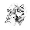 man and wolf on mountain watching moon listening music tattoo design idea