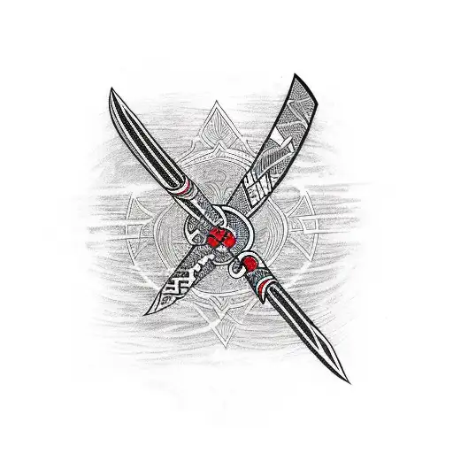 A tribal-inspired design featuring a tomahawk surrounded by arrows tattoo design idea