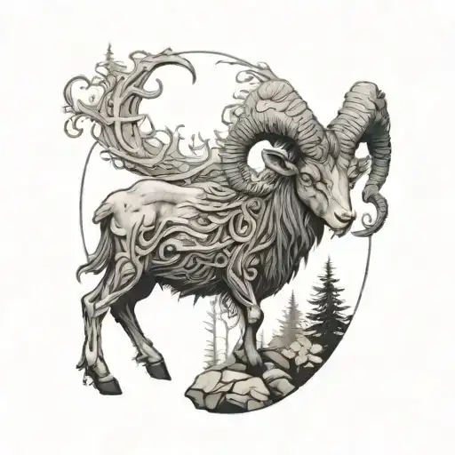 A detailed blackwork tattoo of aries in the woods tattoo design idea
