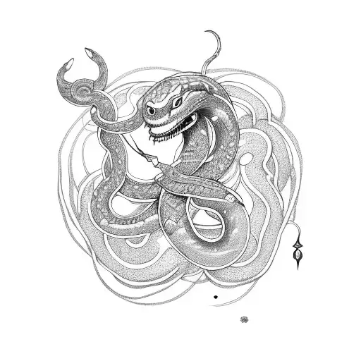 A cosmic serpent intertwining with a magical staff tattoo design idea