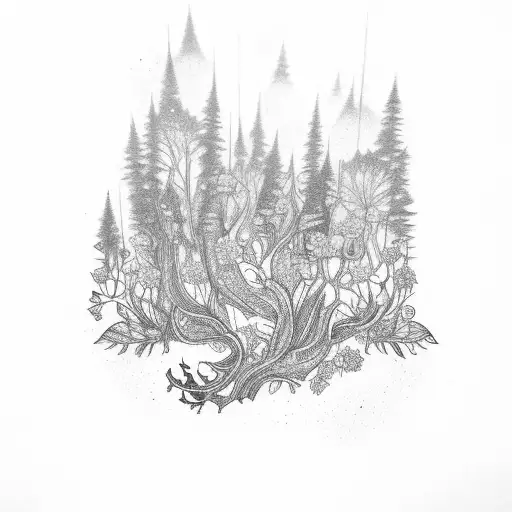 A mystical forest with piercing flowers tattoo design idea
