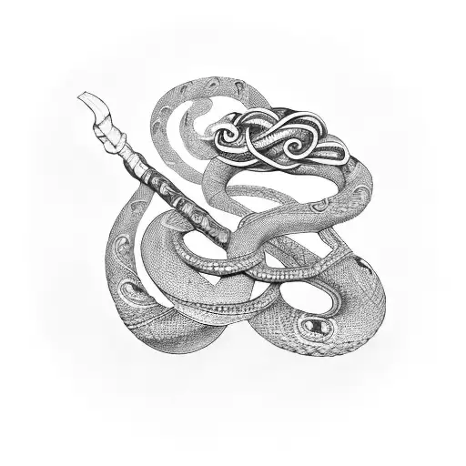 A cosmic serpent intertwining with a magical staff tattoo design idea