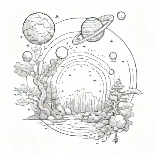 Human family, forest, fire, water, space with planets tattoo design idea