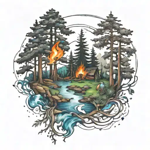 Human family, forest, fire, water, space tattoo design idea