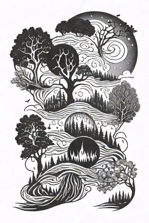 Human family, forest, fire, water, space tattoo design idea