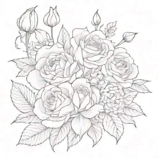 rose, daisy, tulip, and hydrangea tattoo design idea