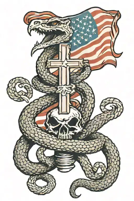 cross cannons, rattlesnake, crow, American flag intertwined tattoo design idea