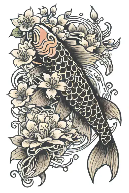 koi fish with cherry blossoms blooming tattoo design idea