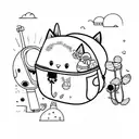 outline of a cute cat sitting in an open backpack with a big head tattoo design idea