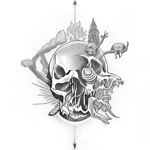 A new-school style tattoo of a designer's interpretation of a nature scene incorporating skulls tattoo design idea