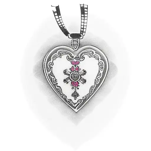 A traditional style tattoo featuring a heart-shaped locket with the names 'Paz', 'Paloma', 'Maria', 'Elvira', and 'Alex' engraved on it, symbolizing the importance of family and loved ones. tattoo design idea