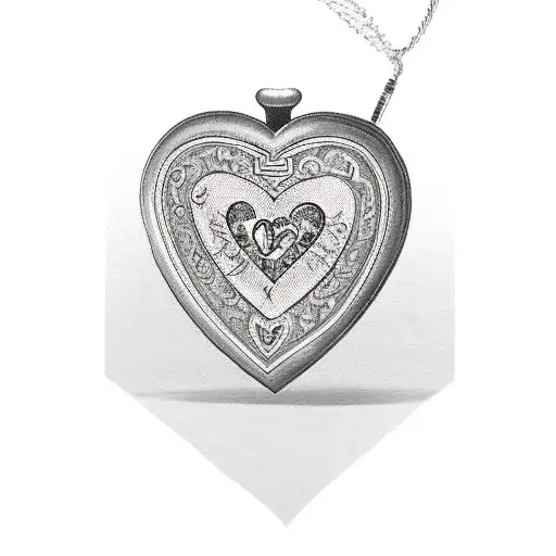 A traditional style tattoo featuring a heart-shaped locket with the names 'Paz', 'Paloma', 'Maria', 'Elvira', and 'Alex' engraved on it, symbolizing the importance of family and loved ones. tattoo design idea