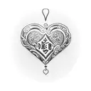 A traditional style tattoo featuring a heart-shaped locket with the names 'Paz', 'Paloma', 'Maria', 'Elvira', and 'Alex' engraved on it, symbolizing the importance of family and loved ones. tattoo design idea