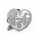 A traditional style tattoo featuring a heart-shaped locket with the names 'Paz', 'Paloma', 'Maria', 'Elvira', and 'Alex' engraved on it, symbolizing the importance of family and loved ones. tattoo design idea