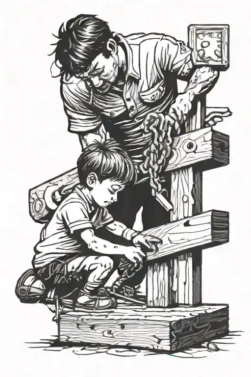 a child helping a father hammer a nail into a plank tattoo design idea
