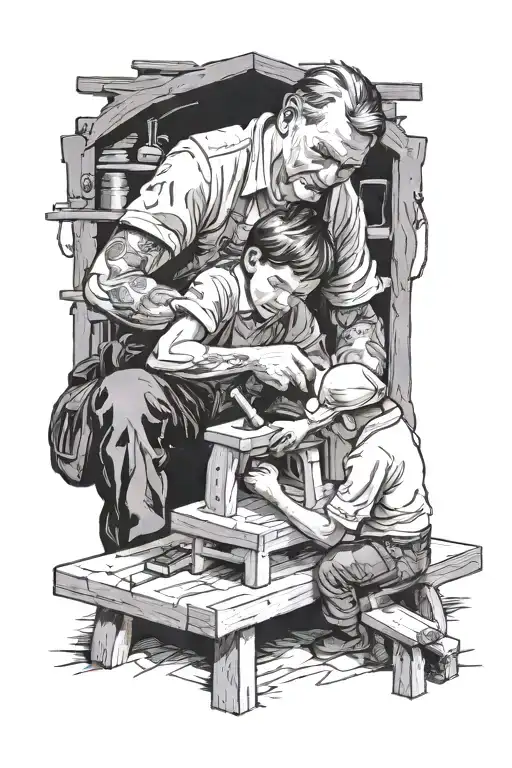 a child helping a father with carpentry tattoo design idea