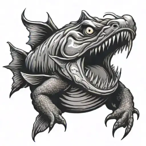 evil catfish sharp teeth evil eyes jumping out of water tattoo design idea