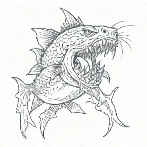 evil catfish sharp teeth evil eyes jumping out of water tattoo design idea