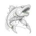 evil catfish sharp teeth evil eyes jumping out of water tattoo design idea
