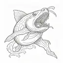 evil catfish sharp teeth evil eyes jumping out of water tattoo design idea