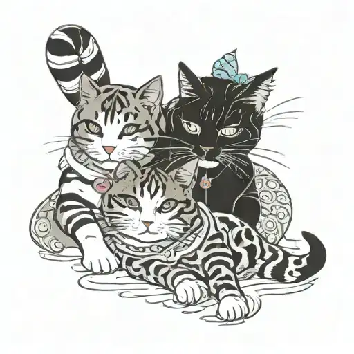 kasumi and Hash 2 cats lounging tattoo design idea