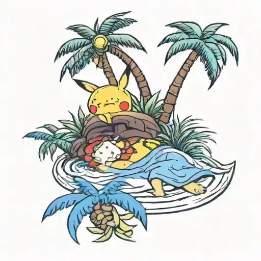  relaxo and Pikachu sleeping under a palm tree tattoo design idea