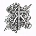 Combine a stylized infinity symbol with a cross and a script of Colossians 3:2 in a bold blackwork design tattoo design idea