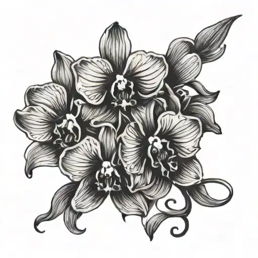 Black Orchid Flower with the words Black Orchids in script font tattoo design idea