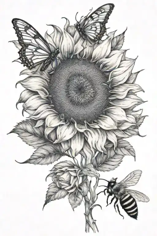 sunflower, rose, bee flying tattoo design idea