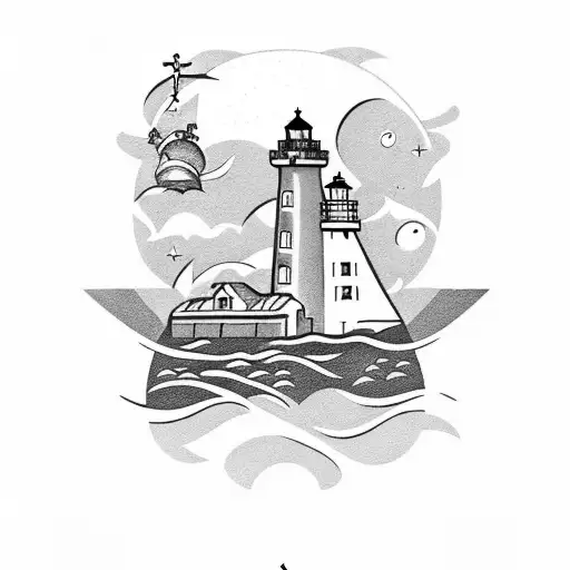 boat, anchor, Lighthouse and Starry Sky tattoo design idea