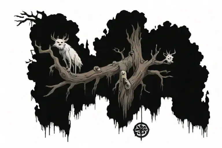 Fallen tree with kodamas from princess mononoke tree spirits tattoo design idea
