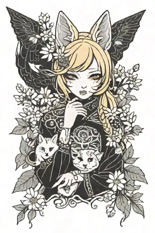 Girl with blonde hair with winged eyeliner holding Kitsune mask surrounded by daisies and cherry blossoms  tattoo design idea