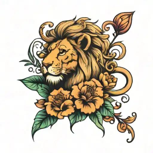 lion flowers tattoo design idea