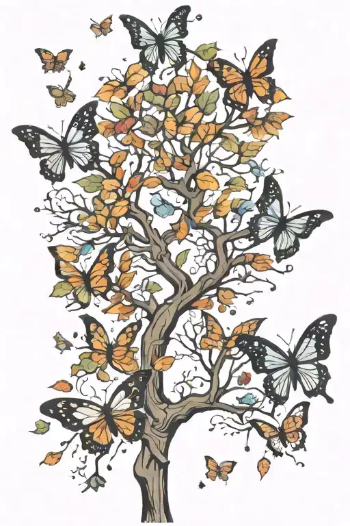 tree with leaves falling turning into butterflies flying tattoo design idea