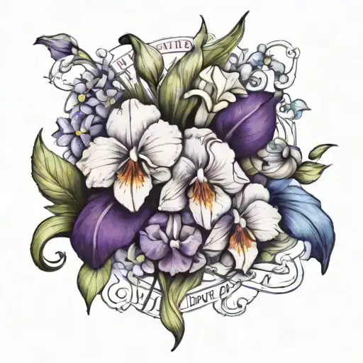 A tattoo design incorporating violets, primroses, and iris flowers in a bouquet arrangement with the name Harper jane tattoo design idea
