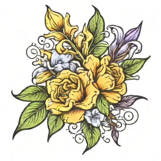 A tattoo design with the name Harper Jane and date February 28, 2024 intertwined with iris, primrose, and violet flowers tattoo design idea