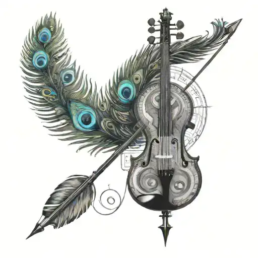 peacock feather tied to an Arrow with small part of violin and musical notation and other creative designs tattoo design idea