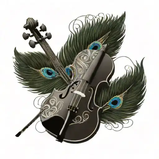 half violin with peacock feather and music notation  tattoo design idea