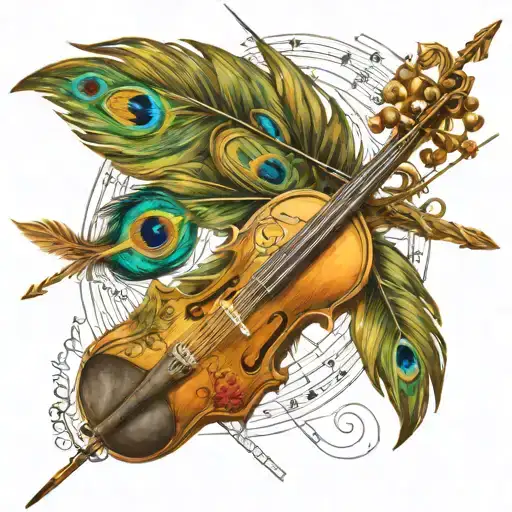 peacock feather tied to an Arrow with small part of violin and musical notation tattoo design idea