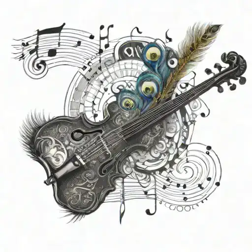 violin with peacock feather and music notation  tattoo design idea