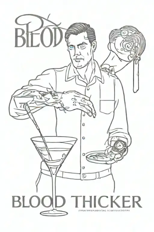 Bartender pouring into martini glass with "blood thicker than water" in text as the water tattoo design idea