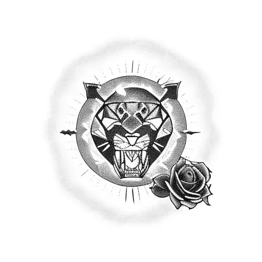 panther walking in front of sun and roses tattoo design idea