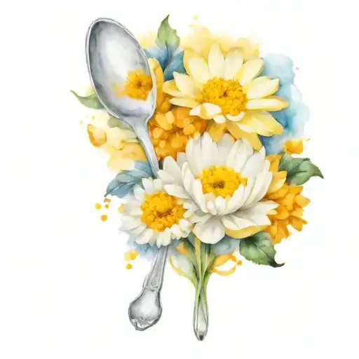 white daisey and yellow marigolds with a spoon intertwined tattoo design idea