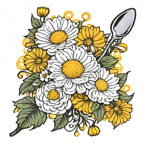 white daisey and yellow marigolds with a spoon intertwined tattoo design idea