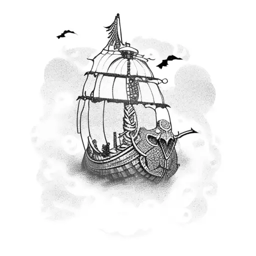 A viking ship sailing through a sea of Japanese cherry blossoms, with scary gothic creatures lurking in the background tattoo design idea